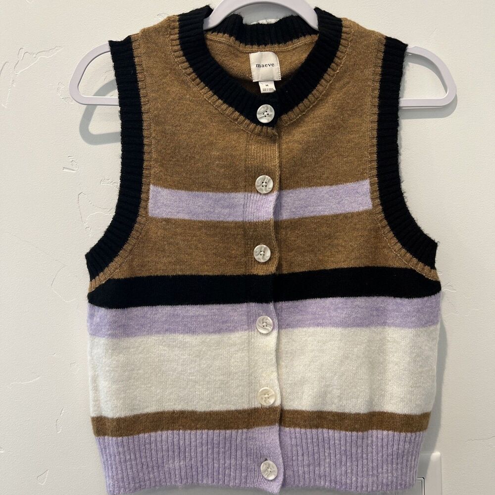 Maeve by Anthropologie Sweater Vest Lavender Cream Black Brown Preppy size M